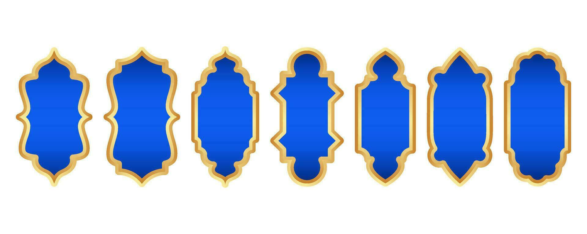 Ramadan gouden kader. Islamitisch venster vorm geven aan. Arabisch vector boog. moslim wijnoogst grens voor ontwerp met blauw achtergrond. Indisch decoratie in oosters stijl.