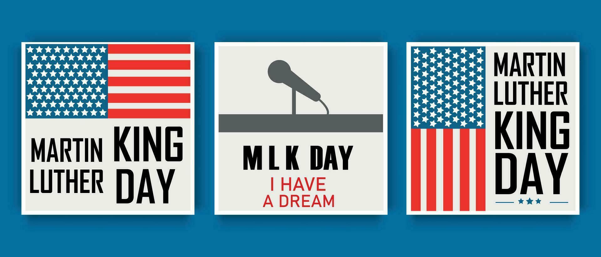 Martin Luther koning dag. gelukkig mlk dag. ik hebben een droom.. een verzameling van ons nationaal vlag kaarten en een inspirerend citaat. Verenigde Staten van Amerika nationaal vakantie vector illustratie.