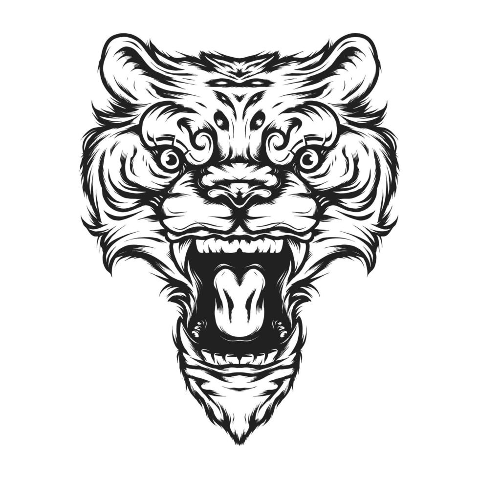 vintage boze tijgerkop in zwart-wit stijl vector
