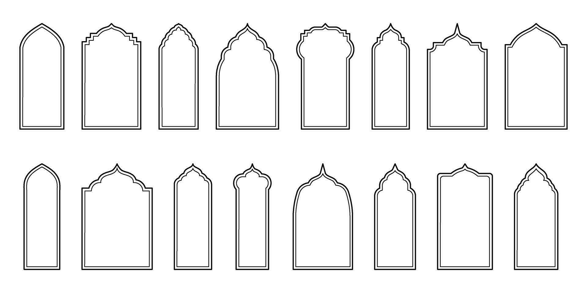 minimalistisch ontwerp met oosters stijl ramen en bogen. modern schets verbeteren de elegantie van Islamitisch bouwkundig elementen vector