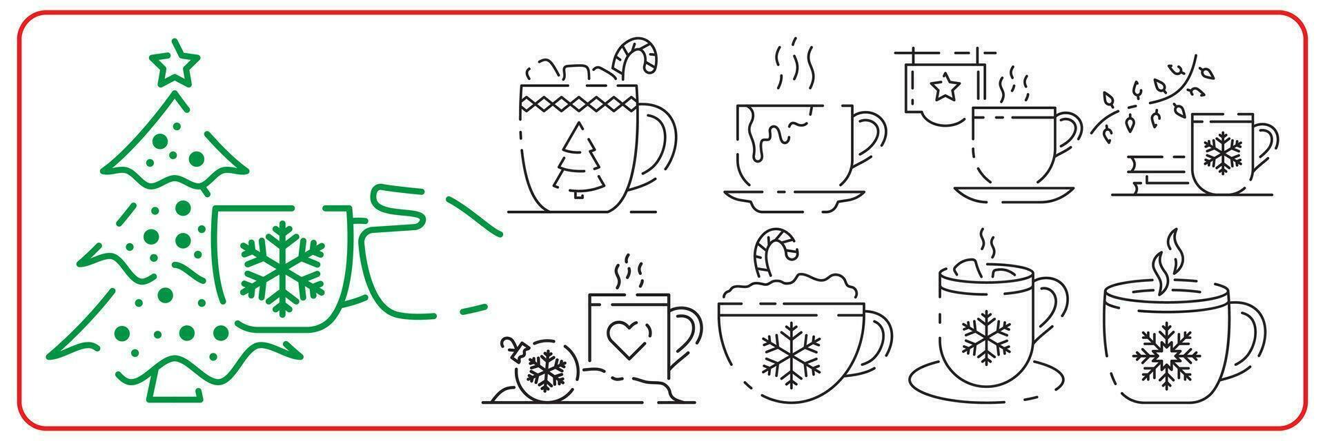 Kerstmis en winter heet chocola kop van heet cacao met marshmallows en snoep riet geïsoleerd Aan een wit achtergrond lijn icoon set. vector vakantie en Kerstmis ontwerpen.