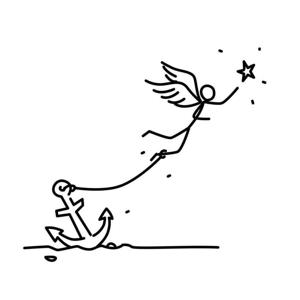 illustratie van een geketend engel vliegend achter een ster. vector. een Mens met Vleugels geketend naar een anker. illustratie voor animatie, banier of plaats. gemakkelijk contour Mens. zwaar last. dromen. vector