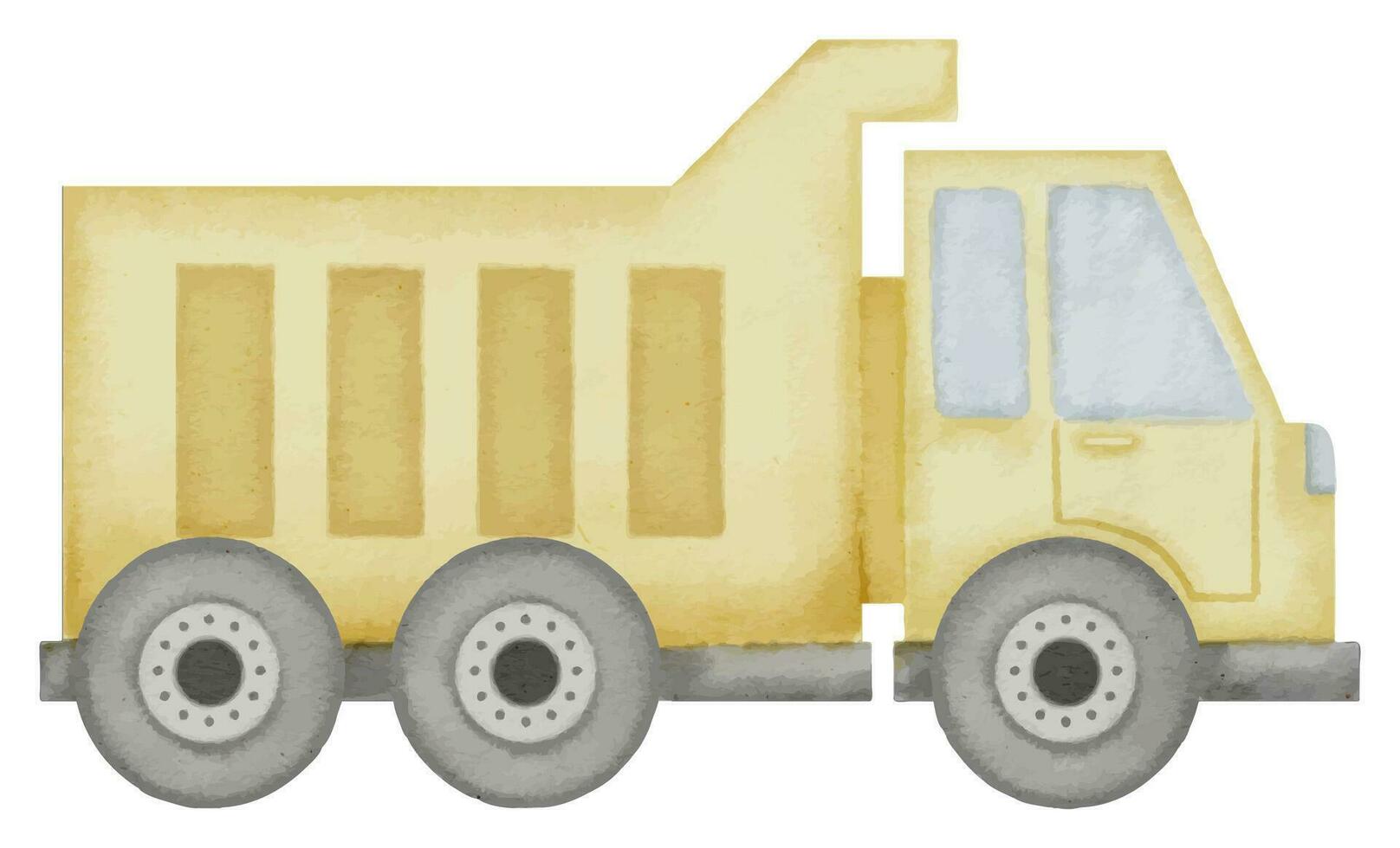 dump vrachtauto waterverf illustratie. hand- getrokken klem kunst van baby speelgoed- geel vrachtwagen Aan geïsoleerd achtergrond. tekening van kipper auto voor een jongens spel. schetsen van een waggon machine voor bouw vector