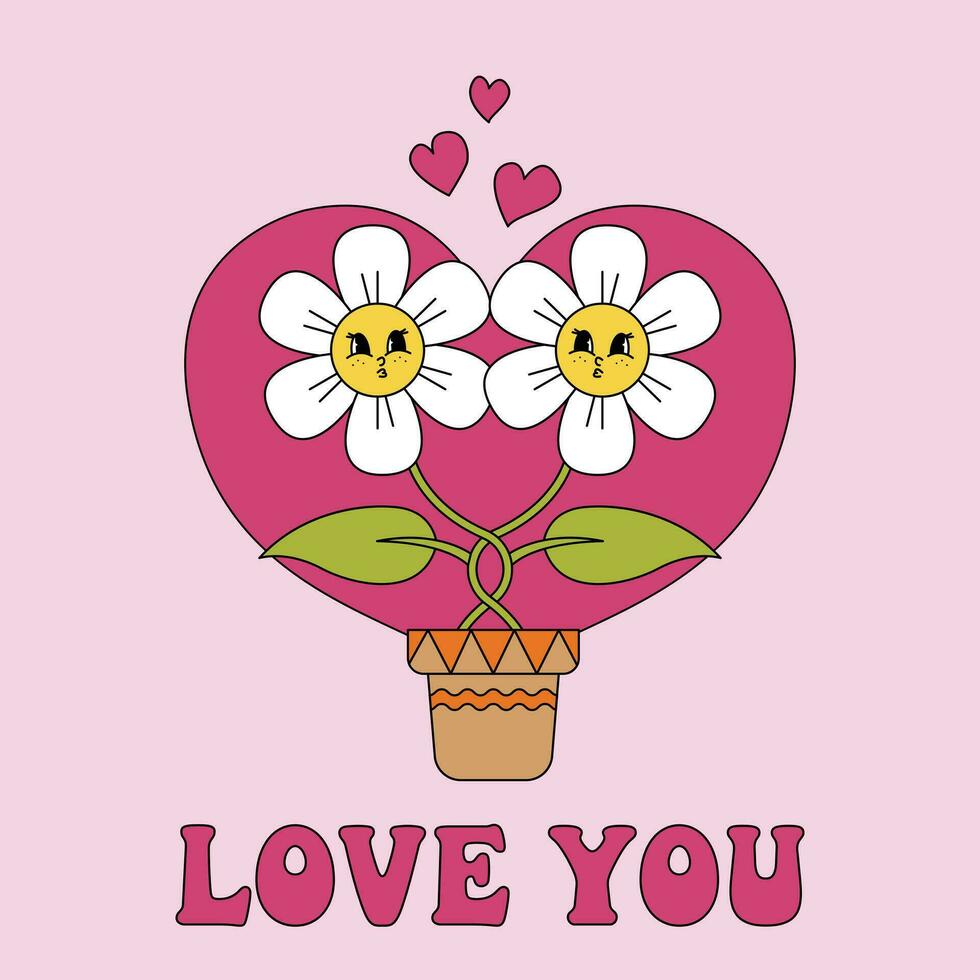 liefde jij. groovy madeliefje bloem affiches. valentijnsdag dag groet kaart met retro stijl gezichten, Jaren 60 jaren 70 hippie kaarten verzameling. vector illustratie