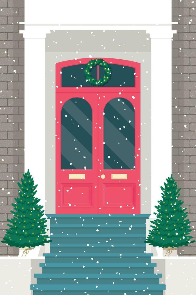 Kerstmis voorkant houten deur met Kerstmis boom en krans en sneeuw. huis oud buitenkant Bij winter seizoen. woning huis facade. vlak vector illustratie