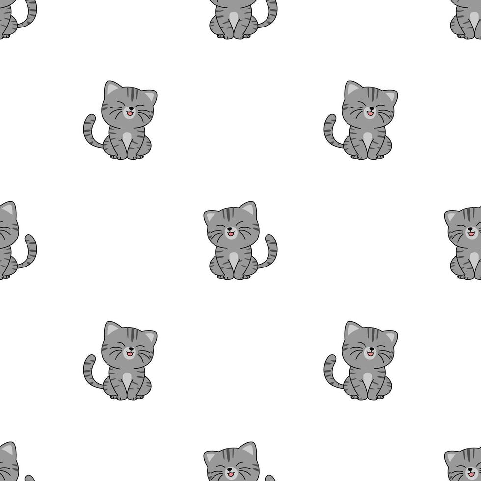 schattige grijze kat zitten en glimlachen cartoon naadloos patroon vector