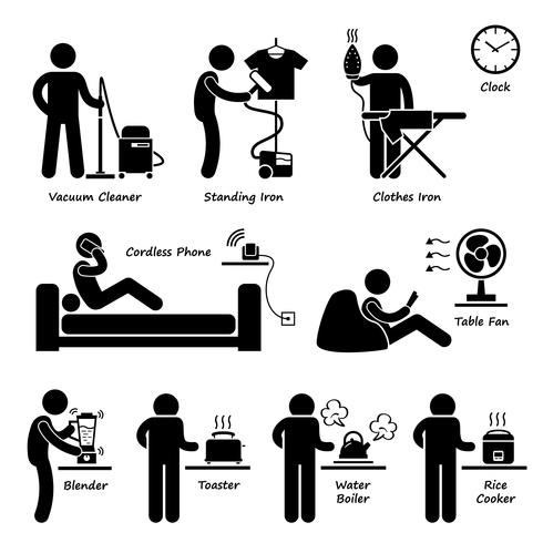 Home House elektronische apparaten gereedschappen en apparatuur Stick Figure Pictogram pictogram Cliparts. vector