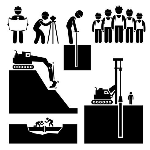 Bouw civieltechnische grondwerken werknemer Stick Figure Pictogram pictogram Cliparts. vector