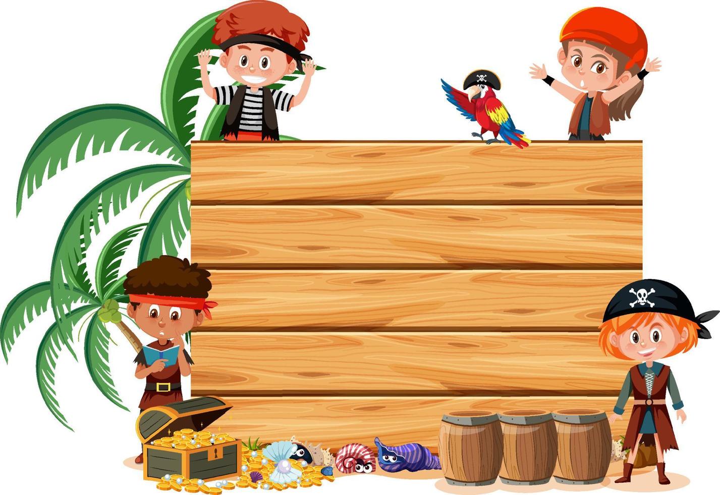 veel piratenkinderen met een lege banner geïsoleerd op een witte achtergrond vector