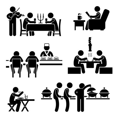 Restaurant Cafe Eten Drinken Kaarslicht Diner Koffieshop Japans Sushi Koreaans BBQ Buffet Stick Figure Pictogram Pictogram. vector