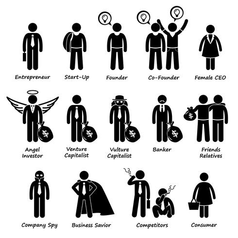 Zakelijke ondernemer investeerders en concurrenten Stick Figure Pictogram pictogram Cliparts. vector