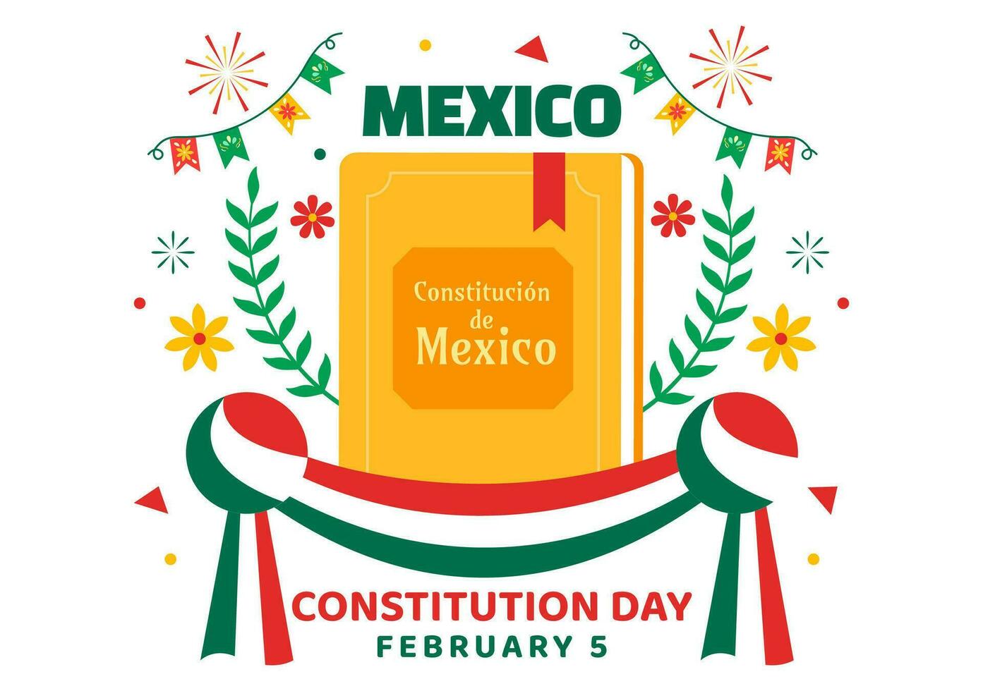 dia de la constitucion vector illustratie. vertaling gelukkig grondwet dag van Mexico Aan februari 5 met Mexicaans hoed en golvend vlag achtergrond