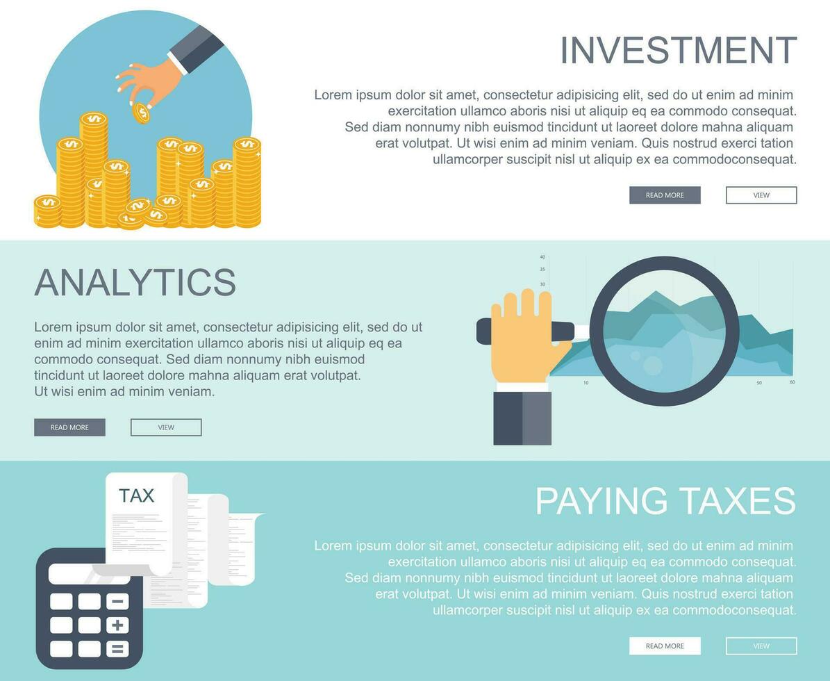 bedrijf en financiën concepten. investering, bedrijf analyse, betalen belastingen spandoeken. vlak vector illustratie