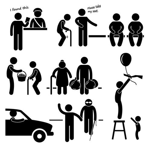 Vriendelijke goedhartige man helpt mensen stok figuur Pictogram pictogram. vector