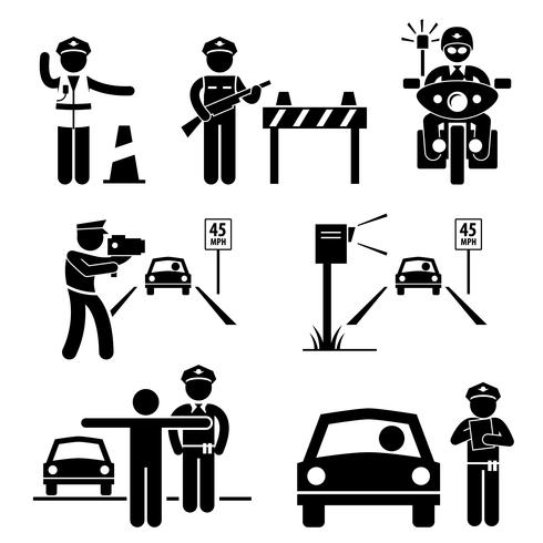 Politieagent verkeer op plicht stok figuur Pictogram pictogram. vector