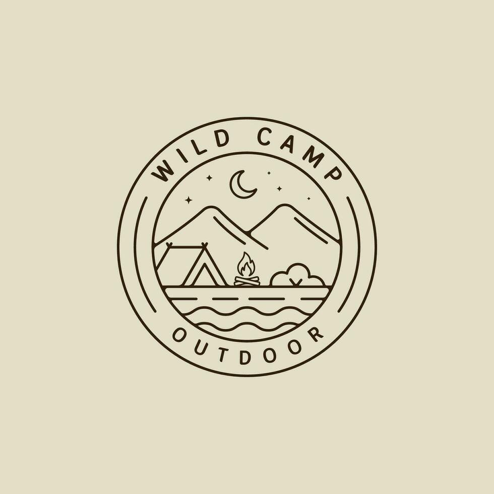 camping logo vector lijn kunst gemakkelijk minimalistische illustratie sjabloon icoon grafisch ontwerp. nacht kamp met vreugdevuur Bij wild natuur teken of symbool voor reizen of avontuur concept met cirkel insigne