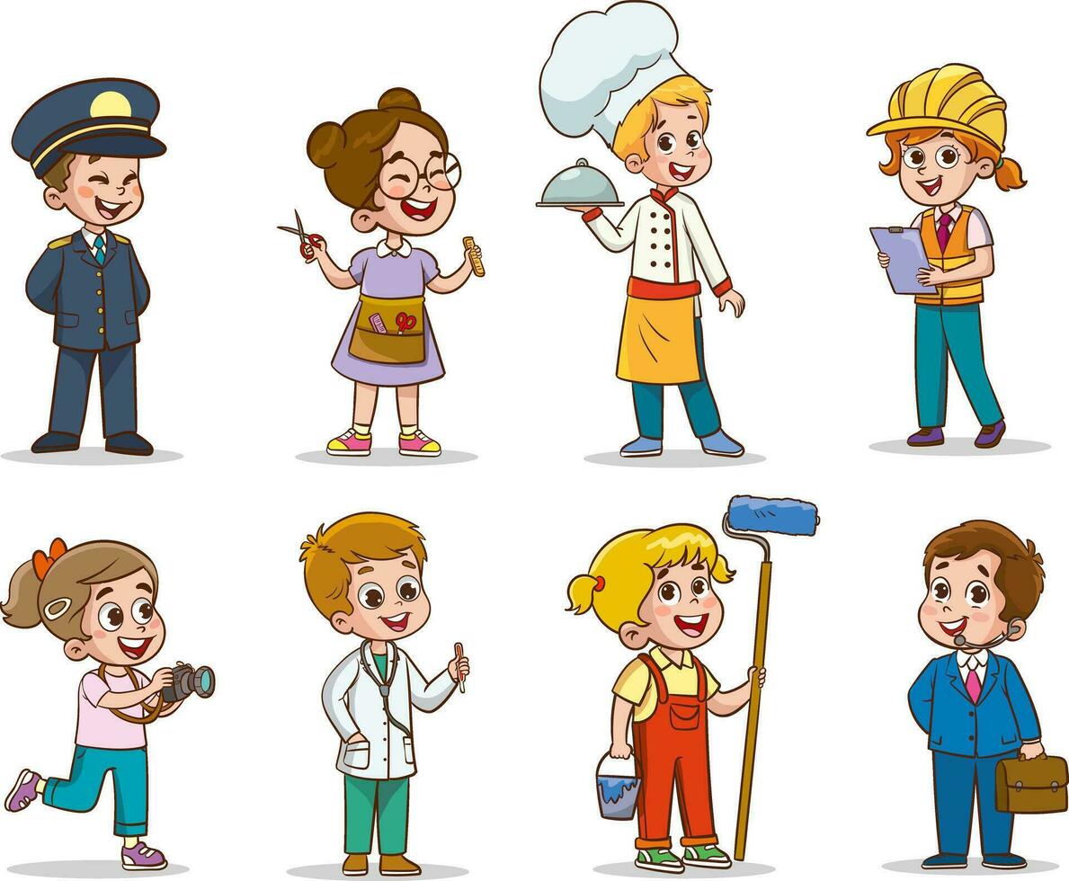tekenfilm gelukkig kinderen in verschillend beroepen. vector illustratie.