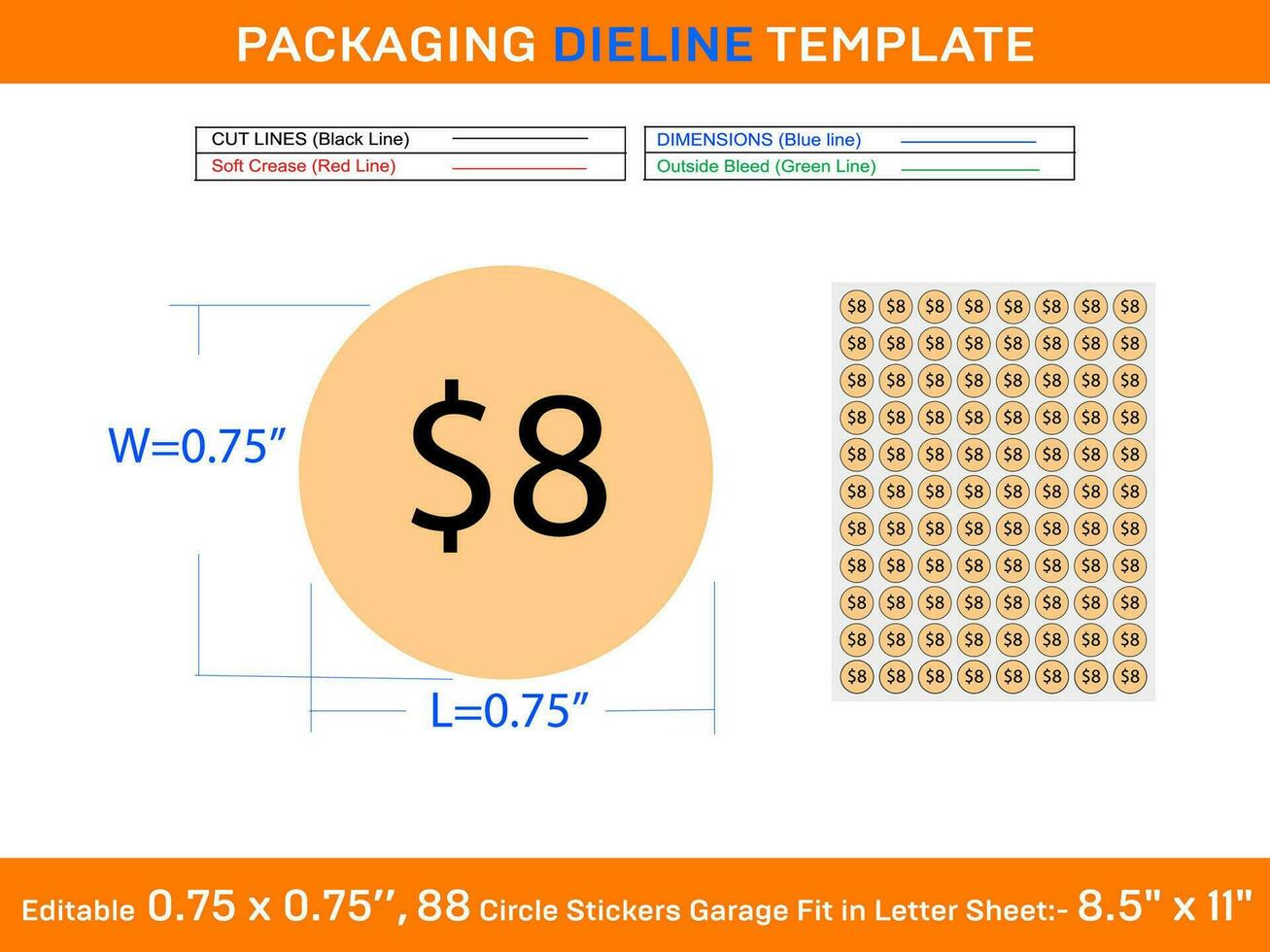 cirkel 8 Doller prijs stickers garage uitverkoop etiketten fit in brief vel bewerkbare 88 stuks 0,75 X 0,75 inch vector