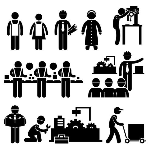 Fabrieksarbeider Engineer Manager Supervisor Werkende stok figuur Pictogram pictogram. vector