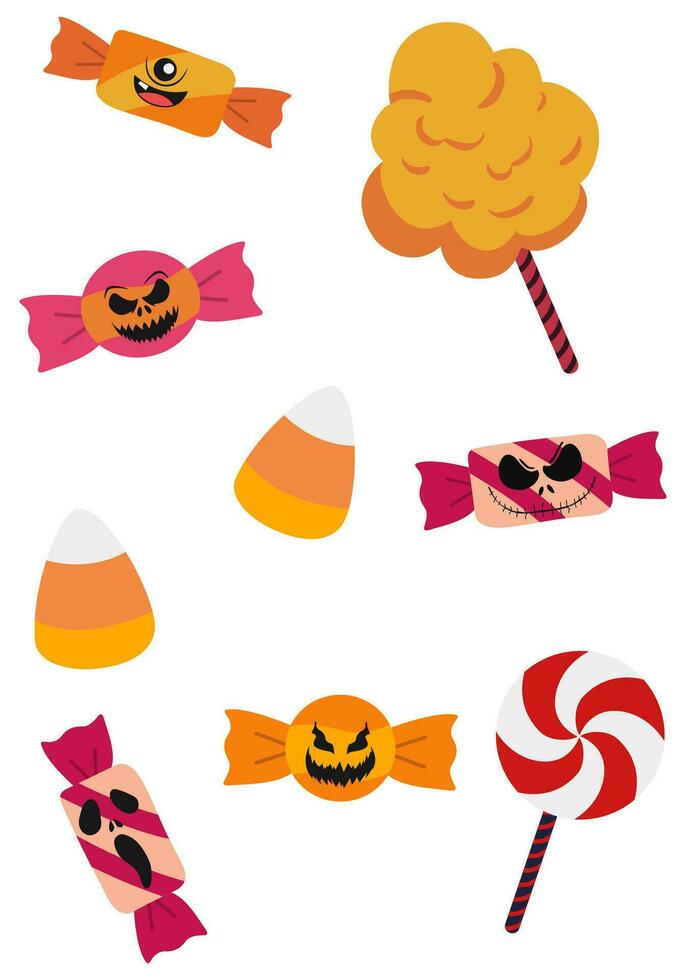 reeks van verschillend kleurrijk halloween snoepjes. vector