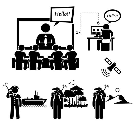 Zakelijke video-conferencing en man met behulp van satelliet telefoon stok figuur Pictogram pictogrammen. vector