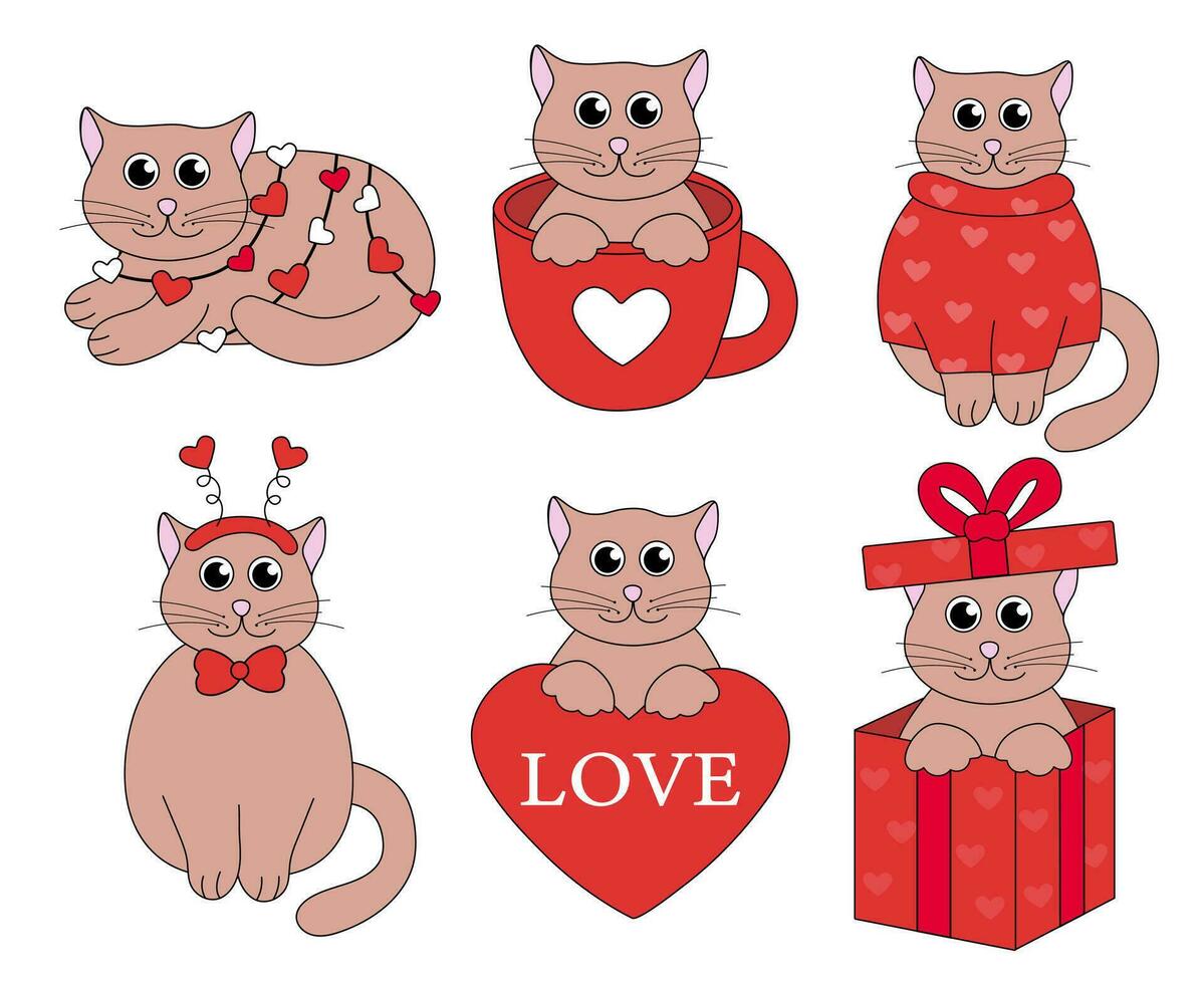 reeks van tekenfilm Valentijn dag kat karakters. schattig kittens in kop en in geschenk doos, trui, guirlande, hoofdband, Aan hart met liefde. vector vlak illustratie.