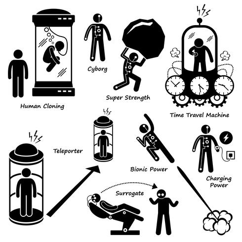 Verre toekomst van menselijke technologie Science Fiction stok figuur Pictogram pictogram Cliparts. vector