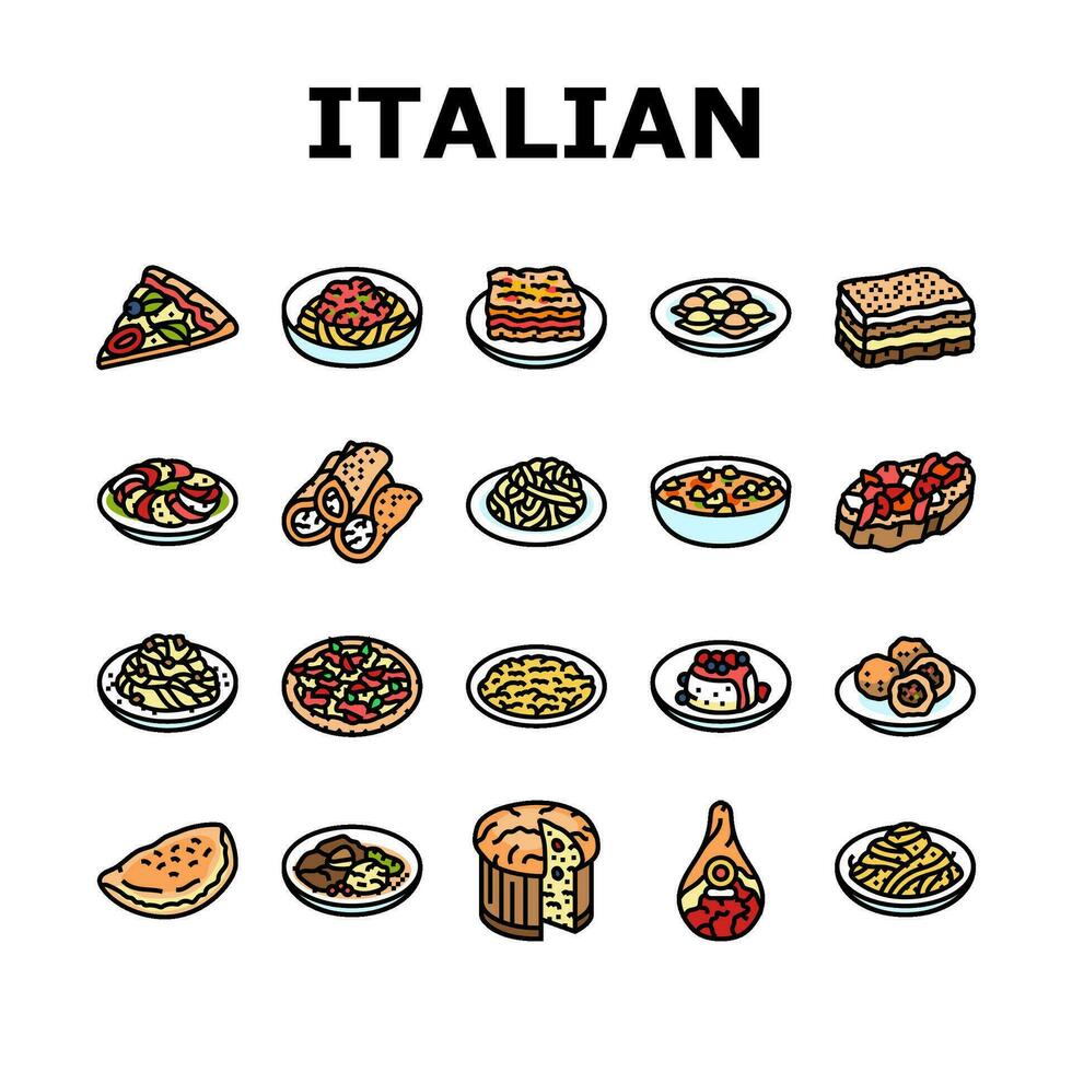 Italiaans keuken voedsel pasta pictogrammen reeks vector