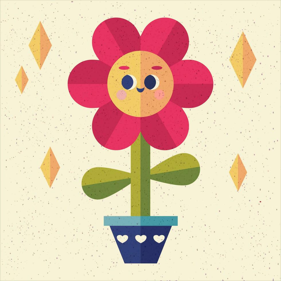 vector illustratie met schattig tekenfilm glimlachen bloem in meetkundig vlak stijl met lawaai textuur. voor poster, behang, ansichtkaart, afdrukken of sticker ontwerp.