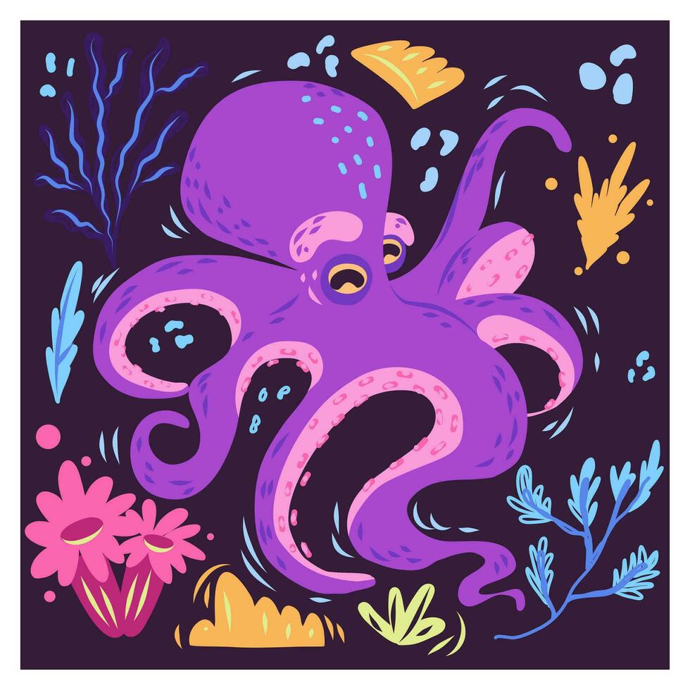 Purper Octopus hand- getrokken vlak vector illustratie. schattig tekenfilm karakter. aquatisch dier met tentakels in bloemen kader geïsoleerd Aan donker achtergrond. tekening stijl