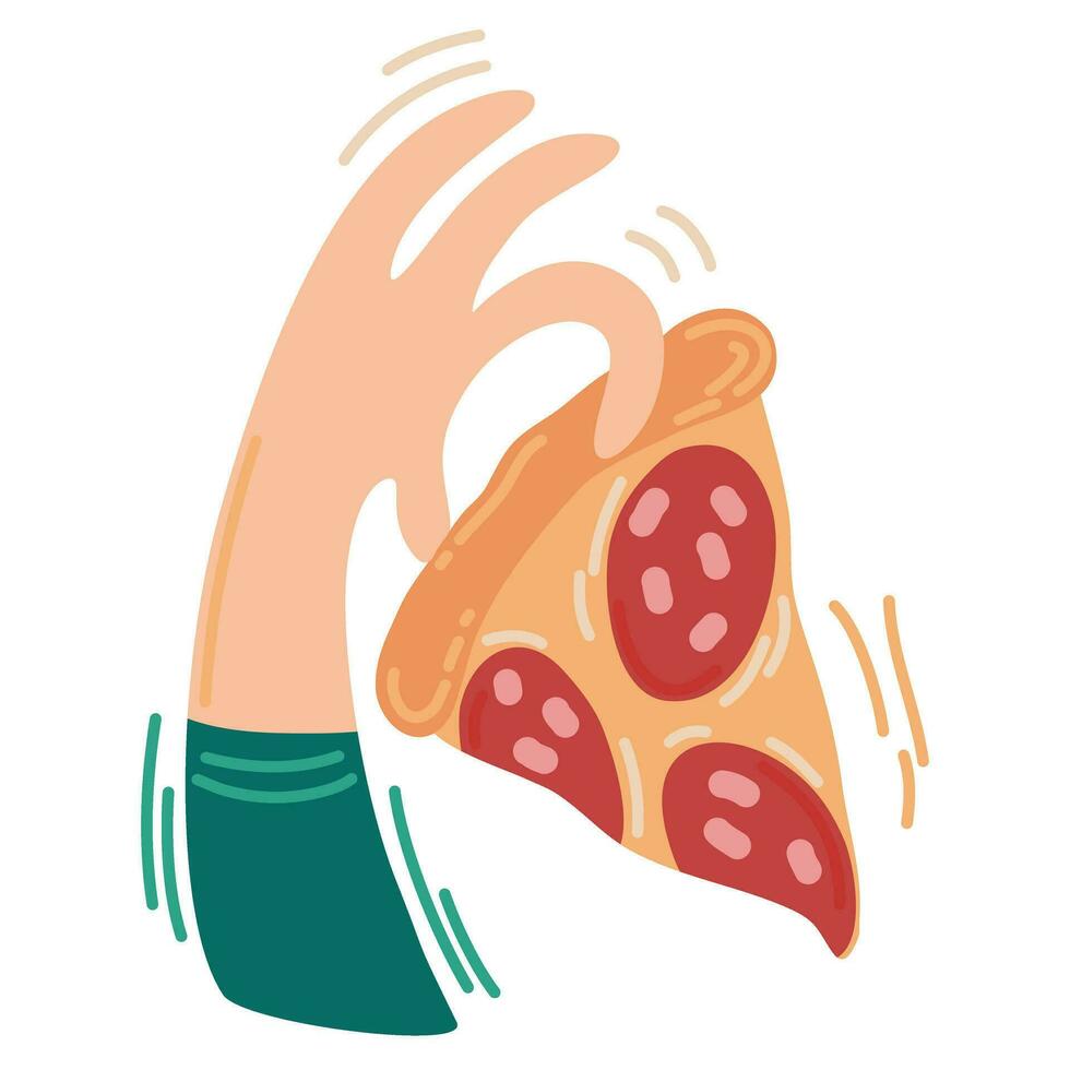 hand- Holding een plak van pizza. tekenfilm vlak vector illustratie in retro stijl.