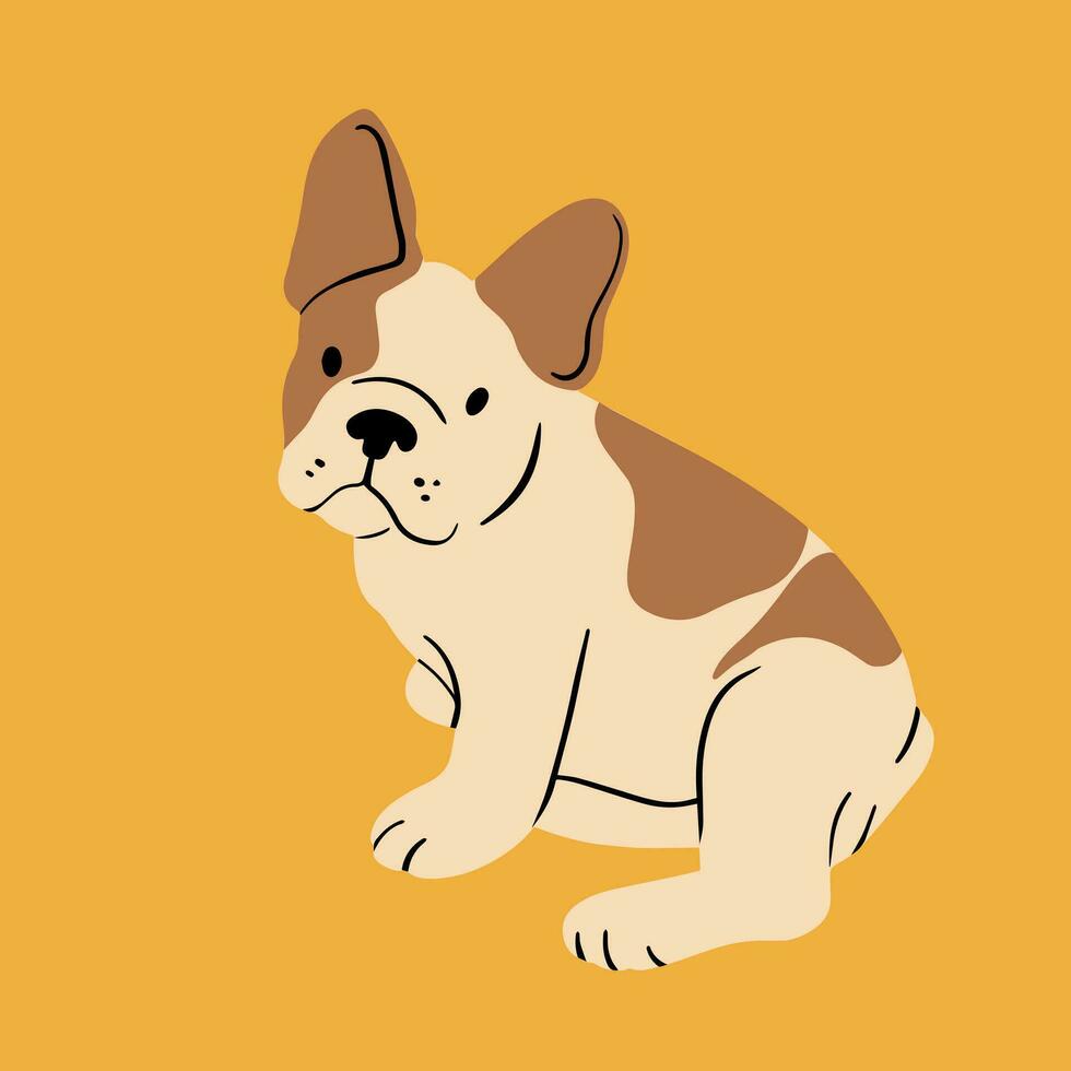 Frans of Engels bulldog pup. schattig pup. tekenfilm stijl. hand- getrokken modieus vector illustratie. logo, afdrukken, poster sjabloon