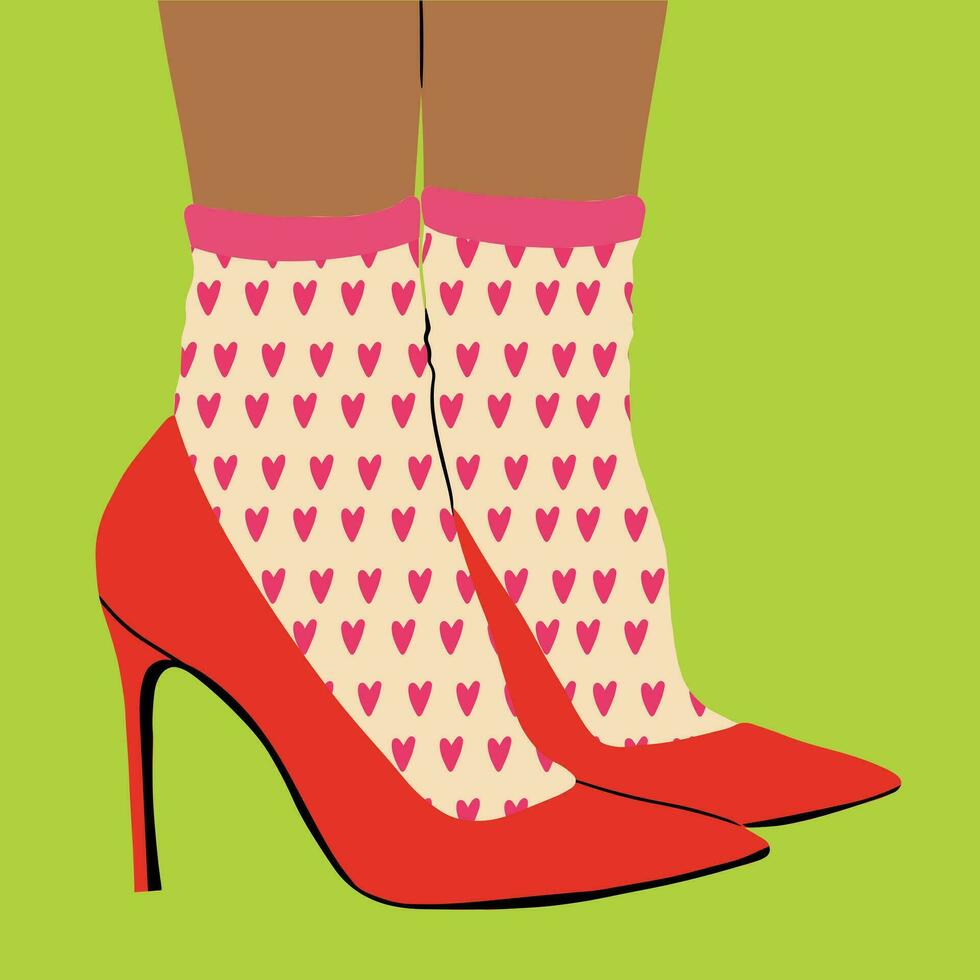 vrouwen poten in hoge hakken schoenen en grappig, veelkleurig, in de mode, retro sokken. vector illustratie in tekenfilm stijl