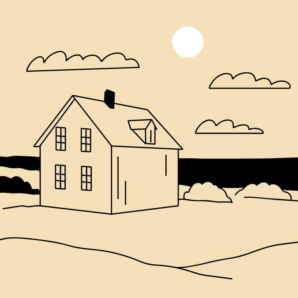 landschap. boerderij, huis in de berg, boerderij, weide, huis, boom, weg, berg. hand- getrokken vector illustratie. minimalistisch panoramisch studie van de platteland. icoon, logo, afdrukken, poster Sjablonen