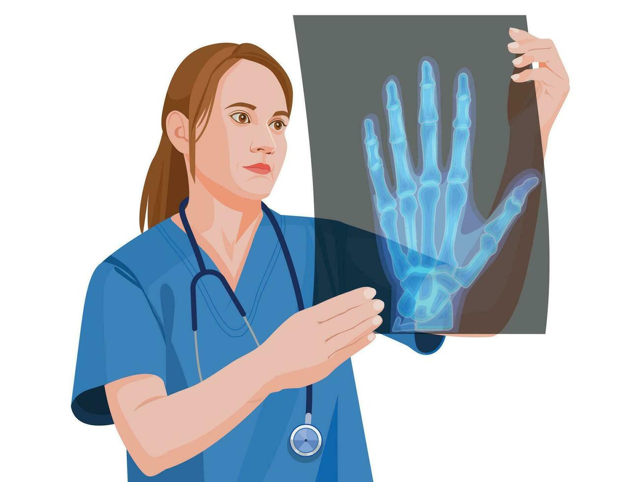 dokter controle een röntgenfoto, slim vrouw dokter controleren hand- film röntgenstraal beeld van machine. analyseren een vooruitgang van ziekte na compleet chemotherapie, operatie en nemen geneeskunde therapie. vector