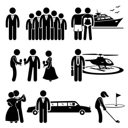 Rich People High Society Duur Lifestyle activiteit stok figuur Pictogram pictogram Cliparts. vector