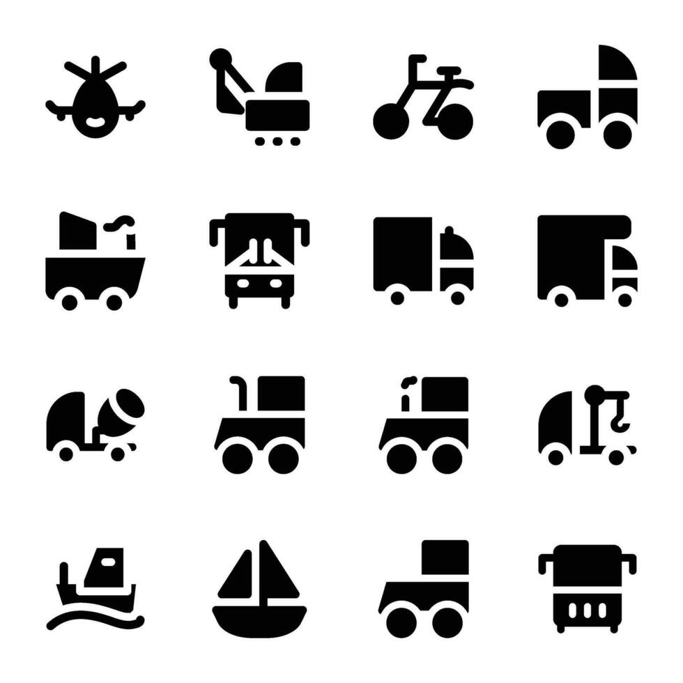 reeks van voertuigen stoutmoedig glyph pictogrammen vector