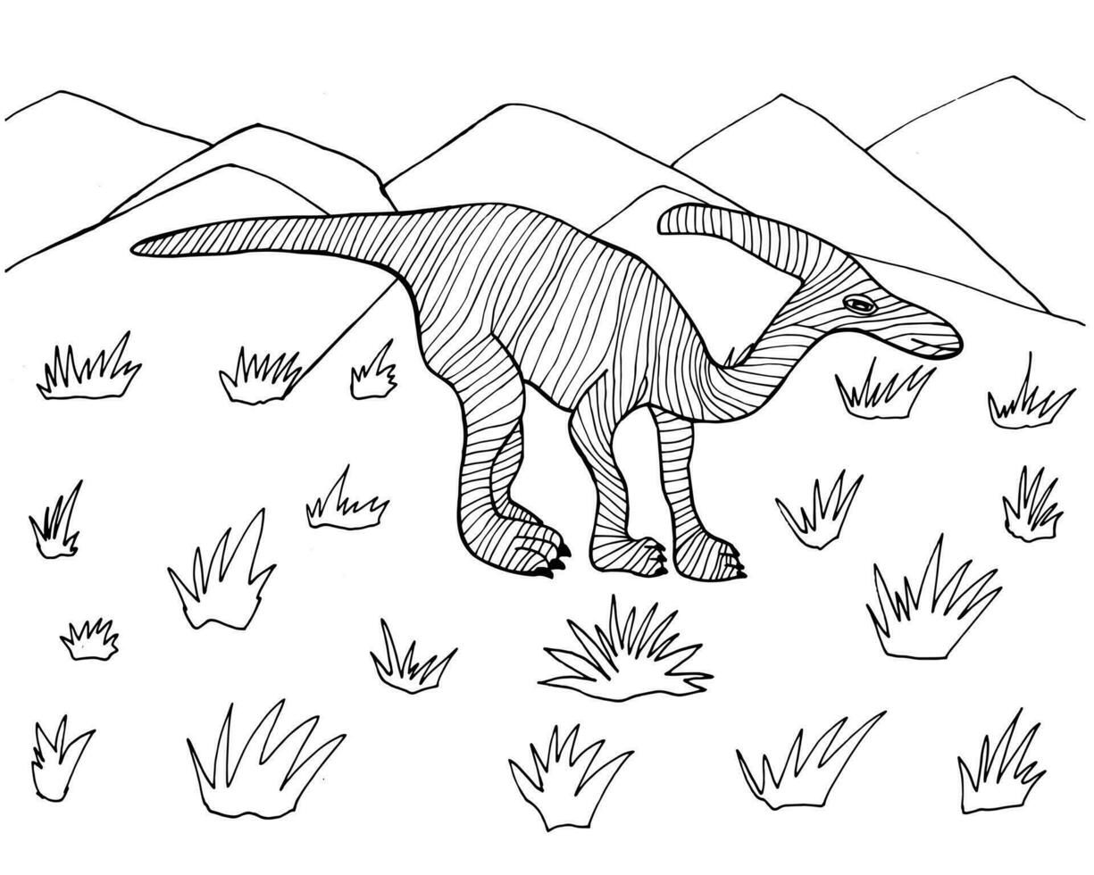 parasaurolophus vector kleur bladzijde. hand- getrokken dinosaurus illustratie. kleur boek voor kinderen en volwassenen.