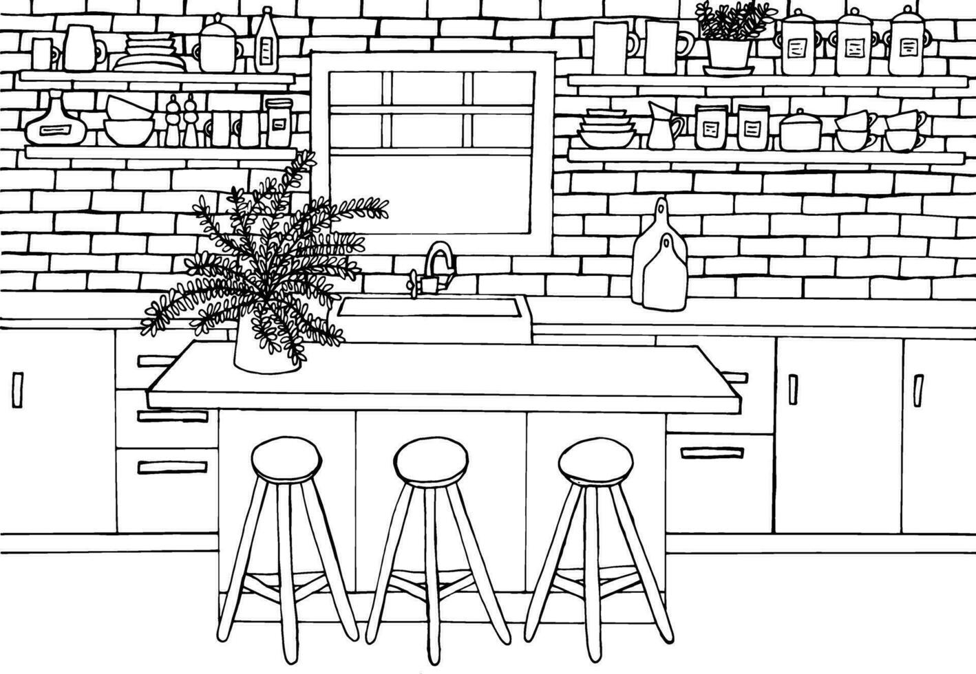 keuken interieur kleur bladzijde. hand- getrokken keuken meubilair kleuren. ontwerp voor kinderen en volwassenen. dining tafel, keuken eiland, bar stoelen, palm boom, venster, steen muur, Koken gebruiksvoorwerpen, kopjes. vector