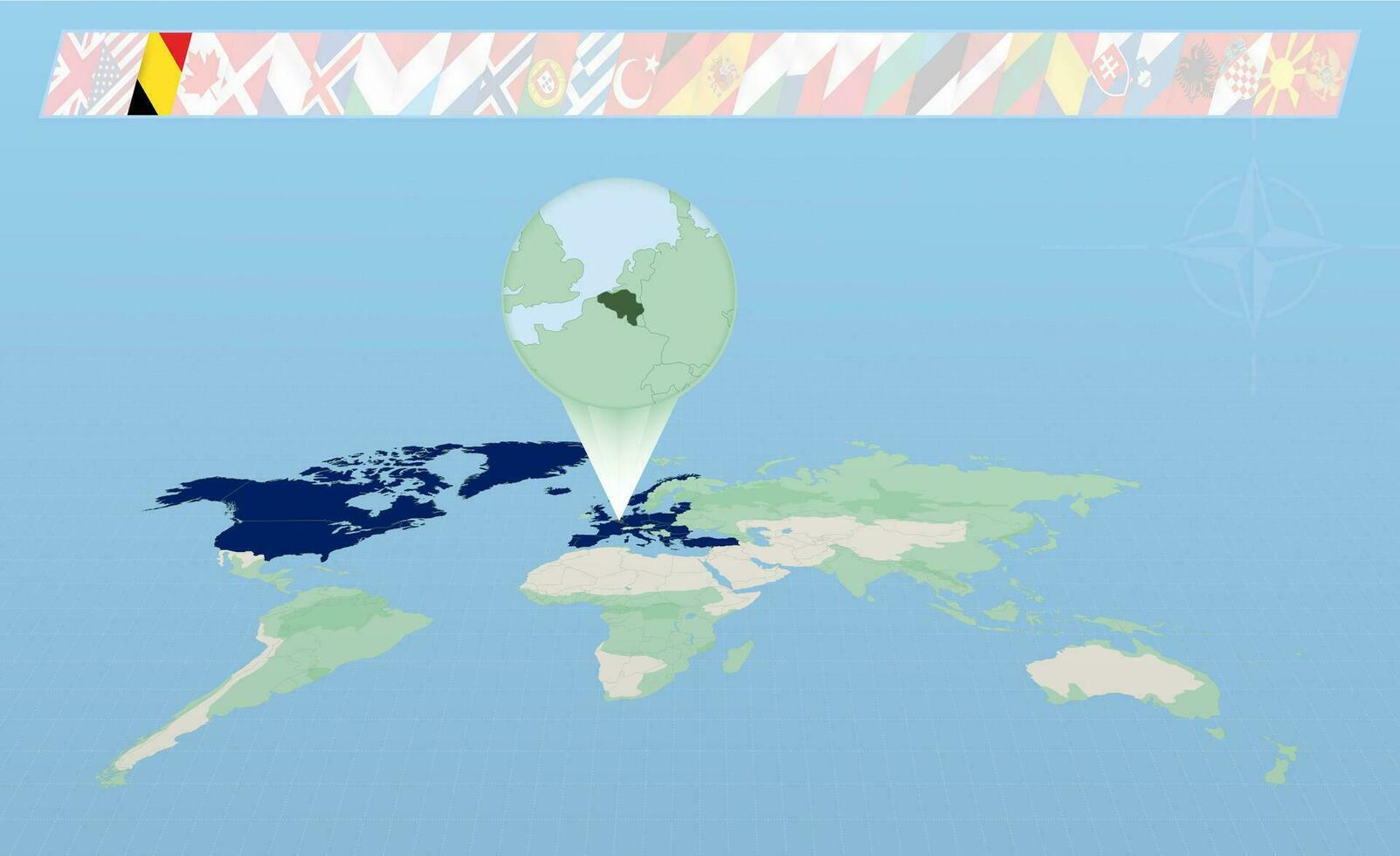 belgie lid van noorden atlantic alliantie geselecteerd Aan perspectief wereld kaart. vlaggen van 30 leden van alliantie. vector