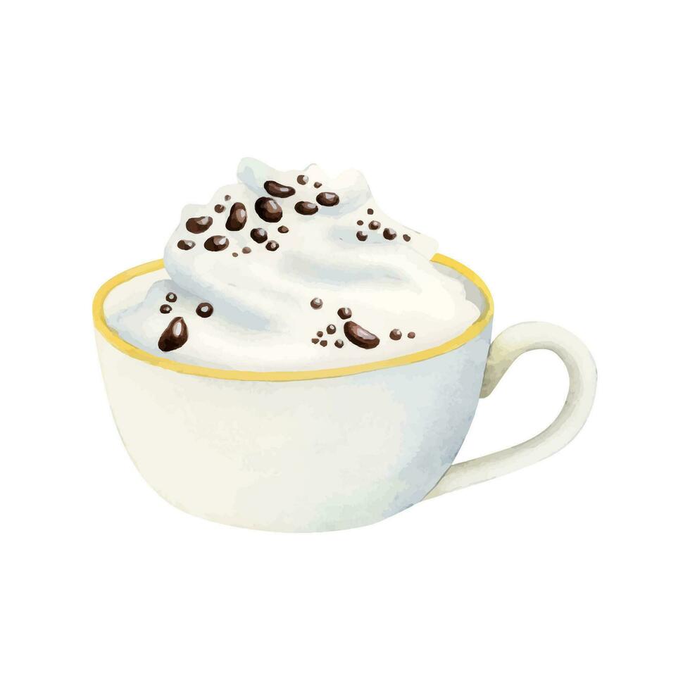 cappuccino koffie kop met geslagen room en chocola waterverf vector illustratie. heet zoet drinken voor ontbijt en tussendoortje