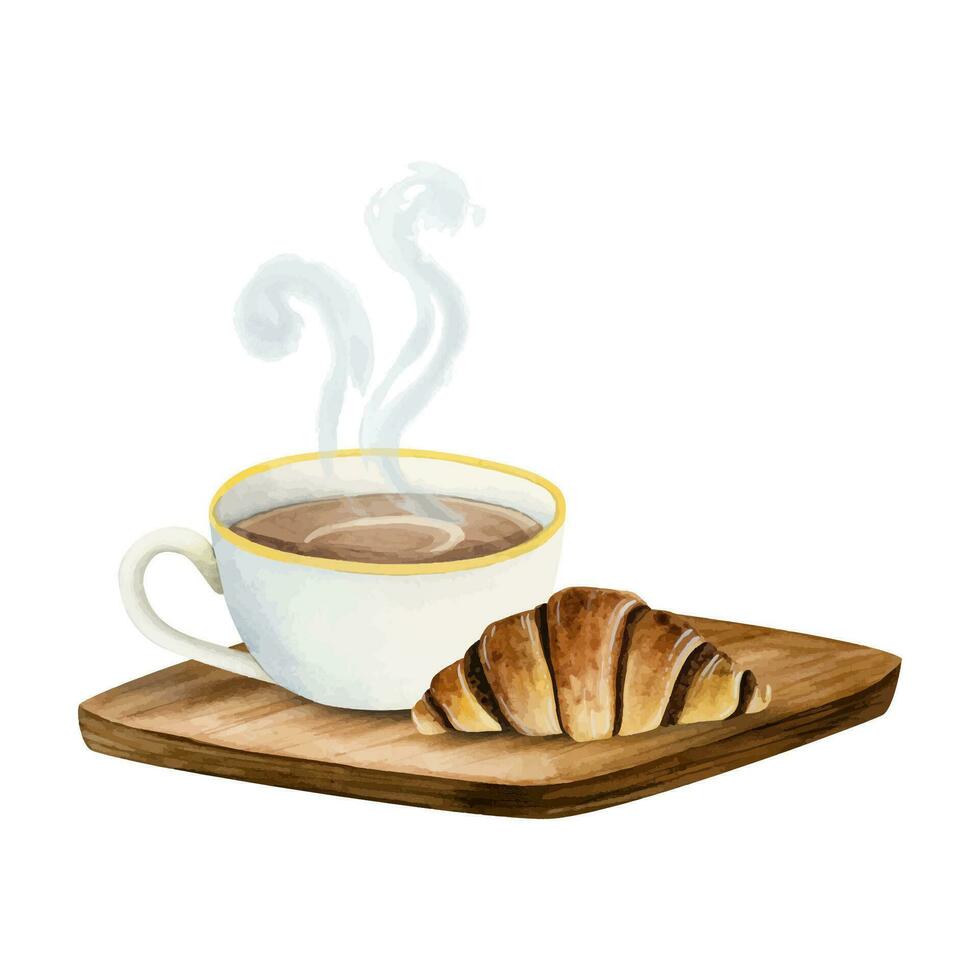 heet koffie kop met chocola Frans croissant gebakje Aan houten bureau waterverf vector illustratie voor koffie breken