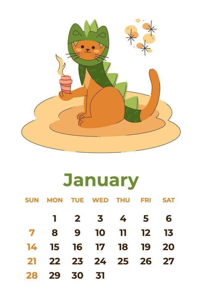 januari 2024. kalender met een schattig kat in een draak kostuum met een glas van koffie naar Gaan. tekenfilm vector illustratie.