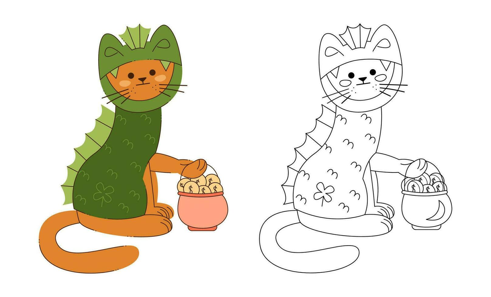 een kat karakter in een draak kostuum met pot met dollar munten. kleur, zwart en wit vector illustratie.