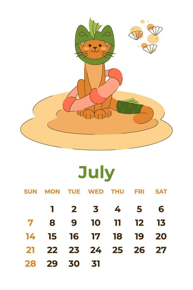 juli 2024. kalender vel met een schattig kat in een draak kostuum met een reddingsboei. tekenfilm vector illustratie.