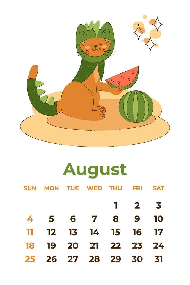 augustus 2024. kalender vel met een schattig kat in een draak kostuum met watermeloen. tekenfilm vector illustratie.