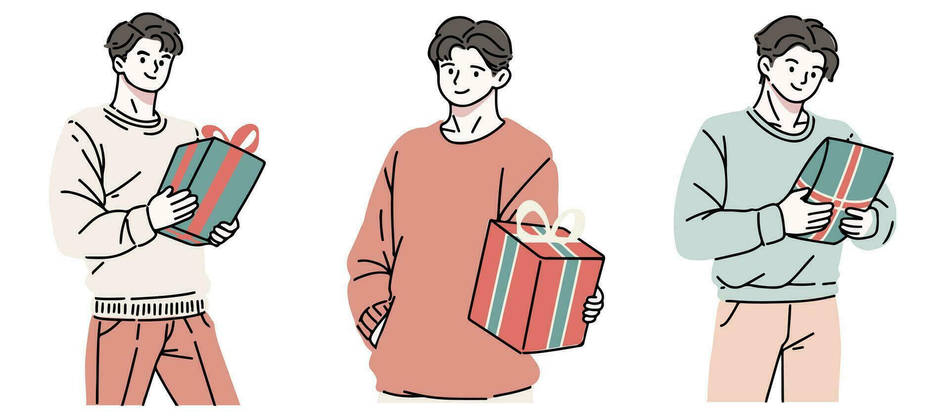 gelukkig mensen met Kerstmis geschenken. reeks van vrolijk Mens Holding en draag- verpakt nieuw jaar Cadeau dozen. geschenkdozen voor winter vakantie. vlak vector illustratie geïsoleerd Aan wit achtergrond