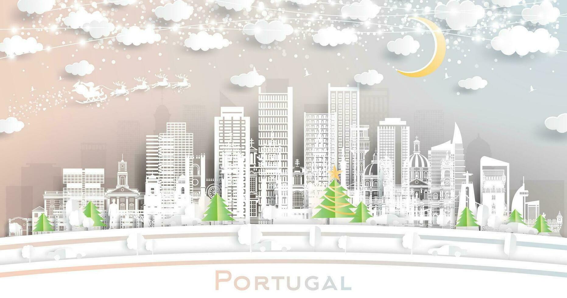 Portugal. winter stad horizon in papier besnoeiing stijl met sneeuwvlokken, maan en neon guirlande. Kerstmis en nieuw jaar concept. de kerstman claus Aan slee. Portugal stadsgezicht met oriëntatiepunten. vector