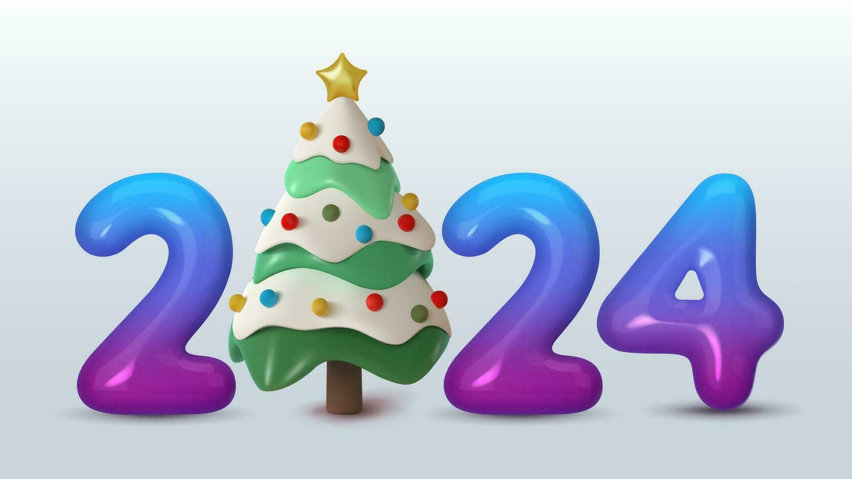 2024, banier met Kerstmis boom en blauw nummers. 3d vector illustratie. vrolijk Kerstmis en gelukkig nieuw jaar viering