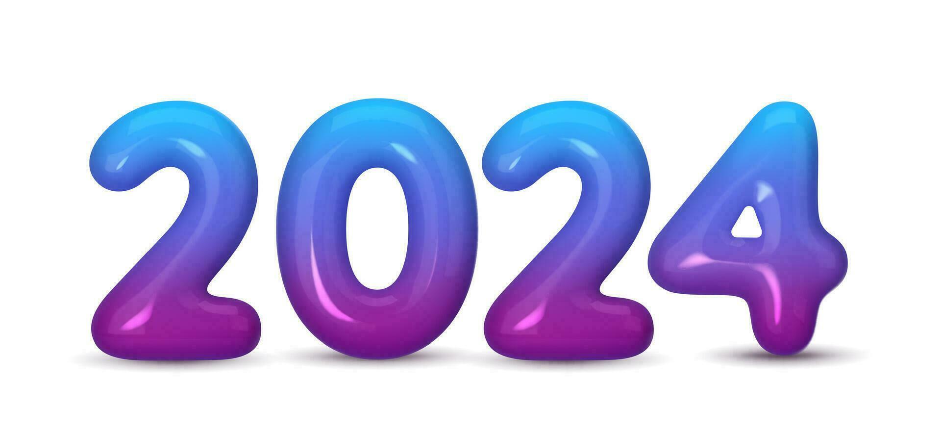 gelukkig nieuw 2024 jaar. paars aantal gemaakt van plastic in de het formulier van ballonnen. realistisch 3d veroorzaken. vector illustratie